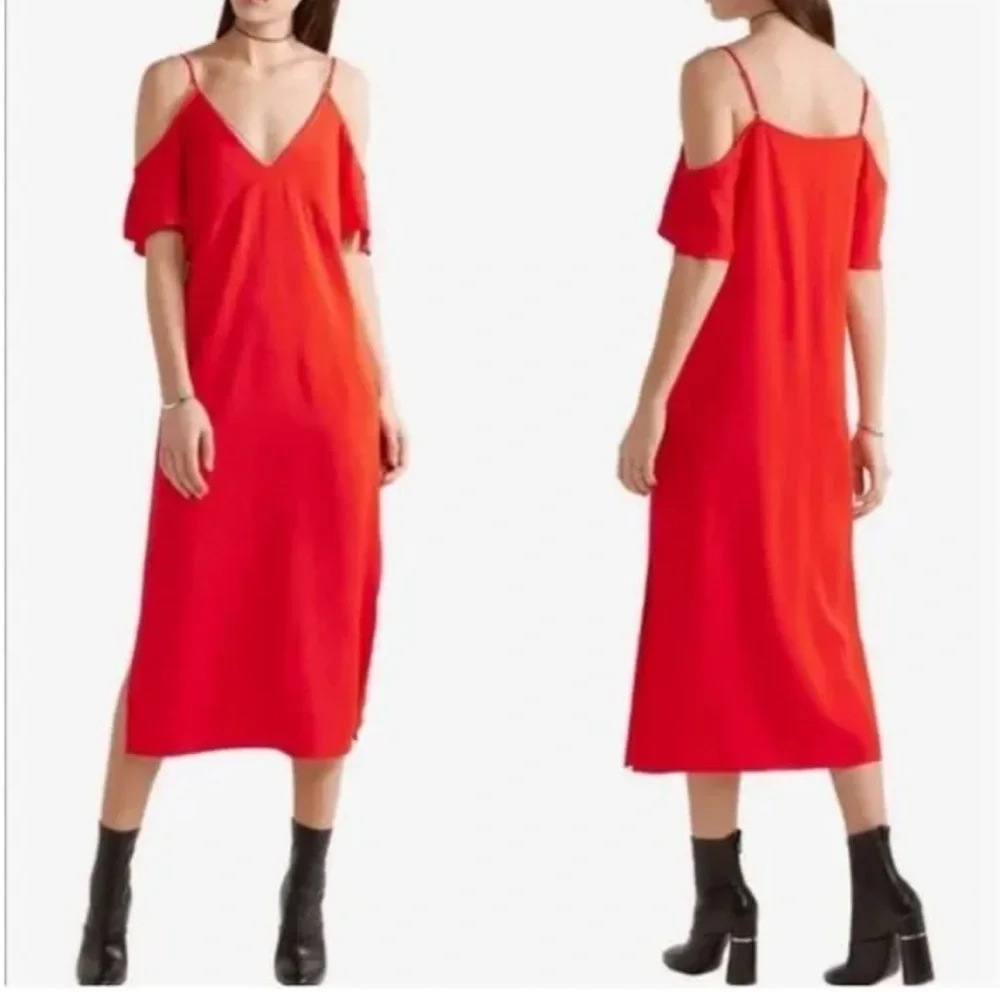 ALEXANDER WANG Cold Shoulder V Neck Crepe Midi Dress in Red Size 6